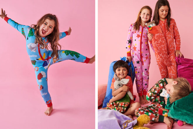 Young children wearing christams pjs from Kip&Co opening presents
