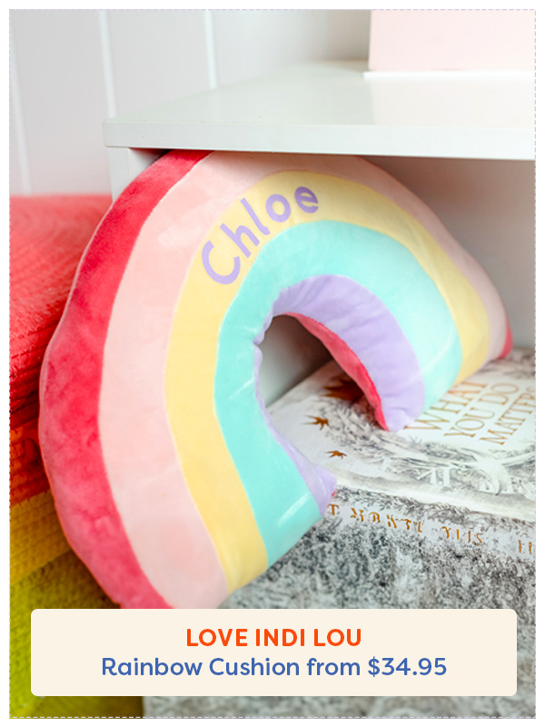 The Love Indi Lou personalised rainbow cushion with the name Chloe embroidered on the front