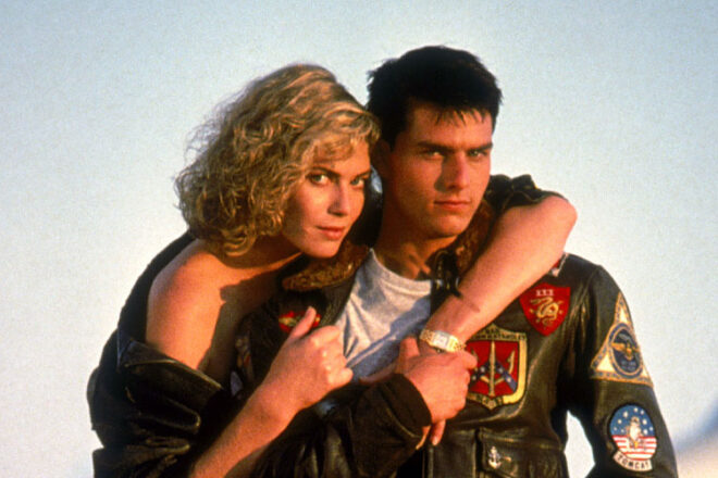 Tom Cruise and Kelly McGillis as Charlie and Maverick in the movie Top Gun