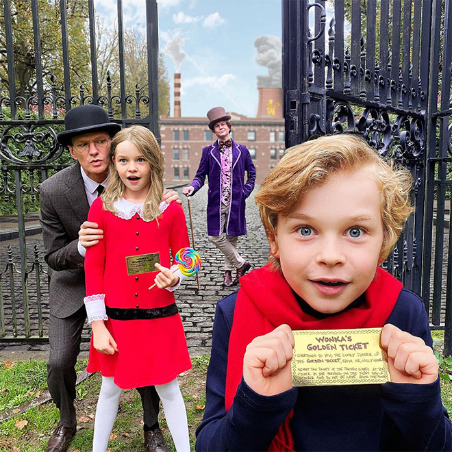 Actor Neil Patrick Harris and his family dress up for Halloween as Willy Wonka and the Chocolate Factory characters