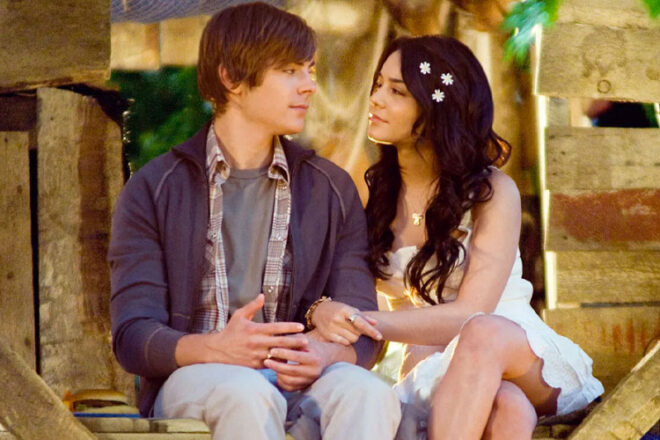 Zac Efron and Vanessa Hudgens as Troy and Gabriella in the movie High School Musical