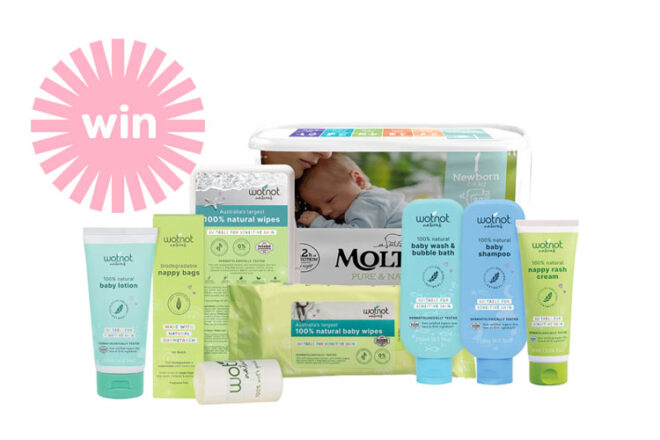 A collection of Wotnot baby skincare products showing size and scale of each product