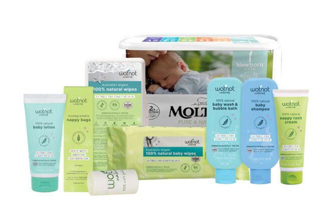 A collection of Wotnot baby skincare products showing size and scale of each product