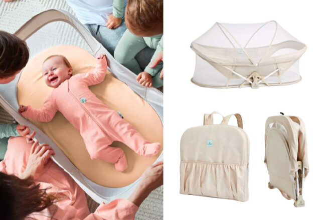 Baby in the ergoPouch bassinet with the bassinet shown open, closed and in it's carry bag