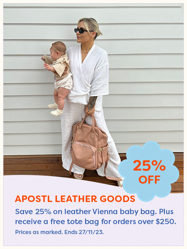 Mother holding toddler on hip and Apostl leather nappy bag