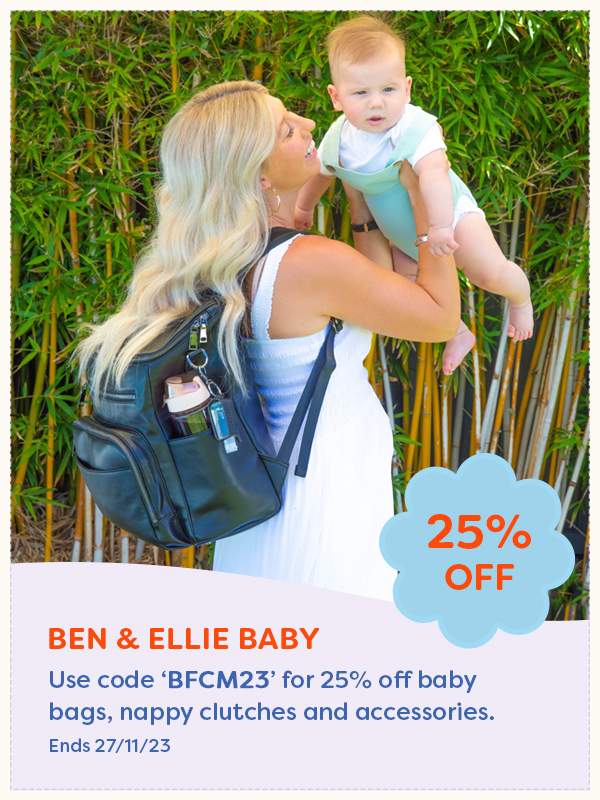 A mother holding a child wearing the Ben & Ellie nappy bag