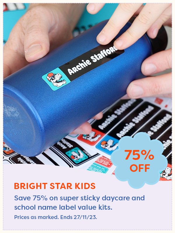 A Bright Star Kids name label being places on a child's object