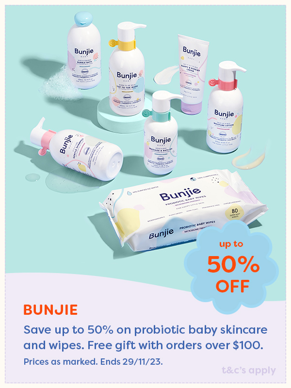 Bunjie baby skincare products on a blue back drop