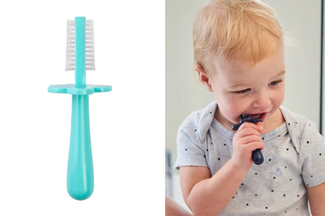 Grabease double sided toothbrush shown in two colours showing a toddler demonstrating use.