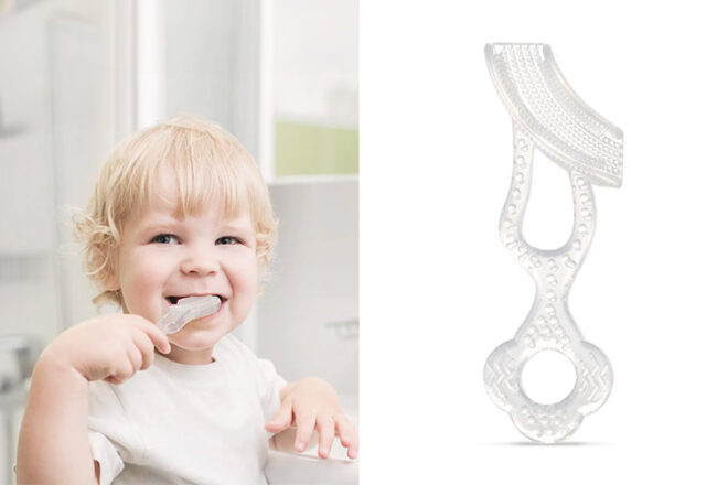 Haakaa contoured toothbrush showing simplistic design beside a toddler using the brush demonstrating ease of use.
