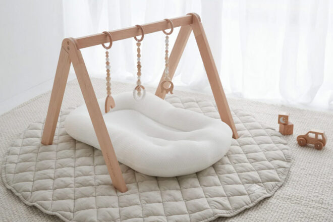 A Harlow & Co Baby Lounger sitting under a baby activity gym