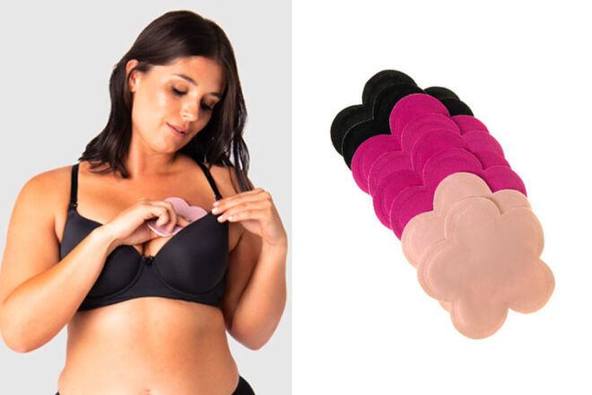 A woman using the Hotmilk Lingerie bamboo reusable nursing pad and the colour that the pads come in