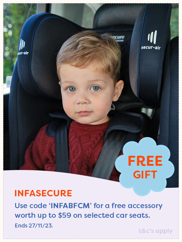 A toddler sitting in an Infasecure car seat