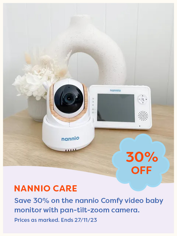 The Nannio Care baby monitor and screen sitting on a table