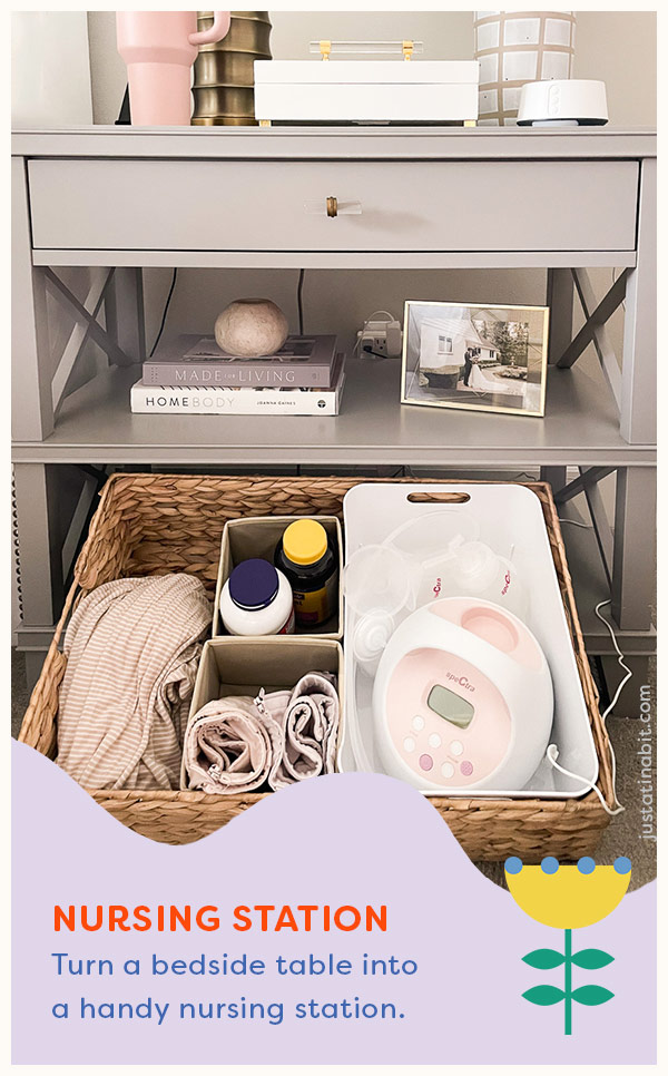 Bedside table used as a breastfeeding station with all the essentials.