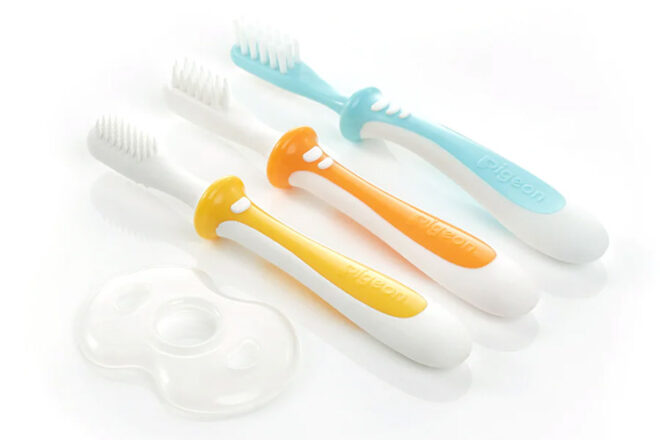 Pigeon Baby toothbrush set showing the three included brushes in different colours and shapes. 