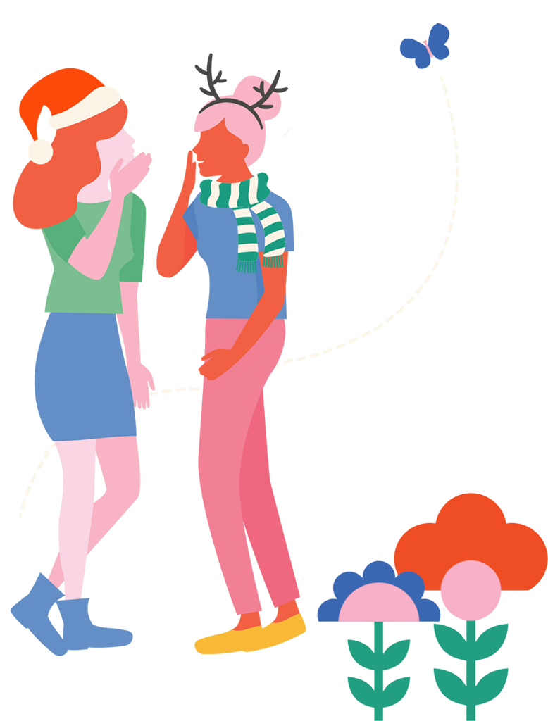 Illustration of Jen and Em in Christmas hats full length