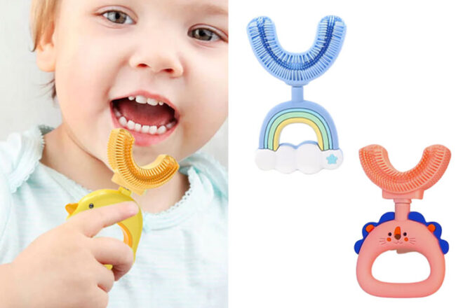 A child holding the sensory space u-shaped toothbrush 