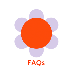 Illustration of red and purple flower with word 'FAQs'