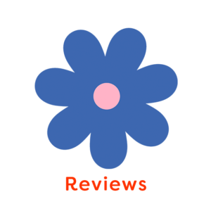 Blue Flower illustration with the word 'Reviews'