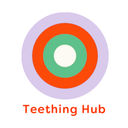 Illustration of bullseye with words 'teething hub' linking to teething category