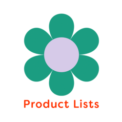 Illustration of green and purple flower with words 'Product Lists'