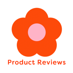 Illustration of red and pick flower with the words 'product reviews'