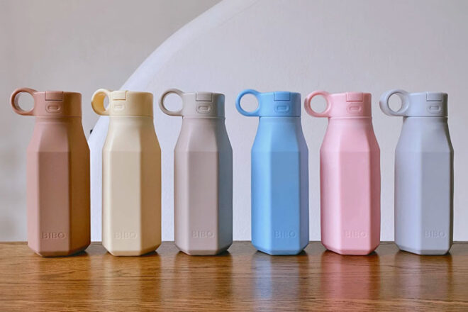 Bibo Bubs Silicone drink bottle lined up on a table