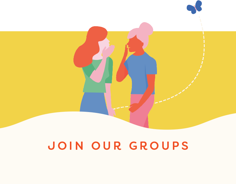 Illustration of two mums talking with the words' Join our Groups'