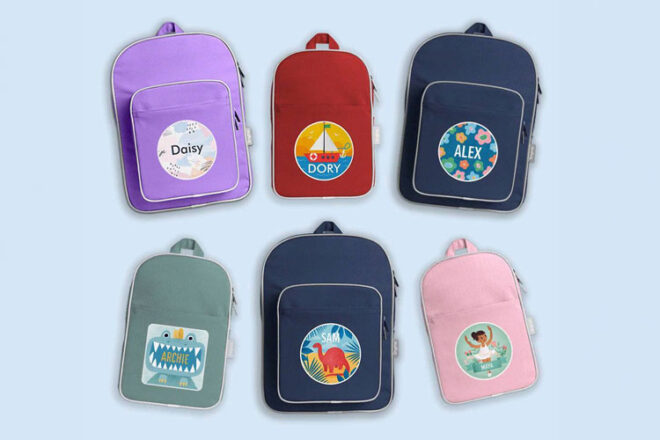 Tinyme Personalised Kids Backpacks in different colour ways and designs