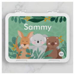 Tinyme Bento Box with the name Sammy on the front on a marble background