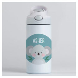 Tinyme Personalised Water Bottle with a blue circle and the name Asher on a front
