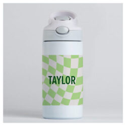 Tinyme Personalised Water Bottle with a gingham print and the name Taylor on a front