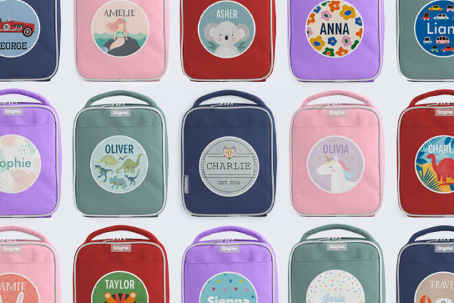 Three rows of Tinyme Lunch Bags in different colours with a variety of designs on the front of each