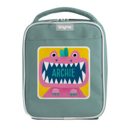 Tinyme Personalised Lunch Bag in green with the name Archie on the front