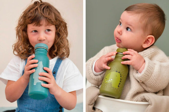 Two children holding the Trixie kids drink bottles in 350ml and 500ml