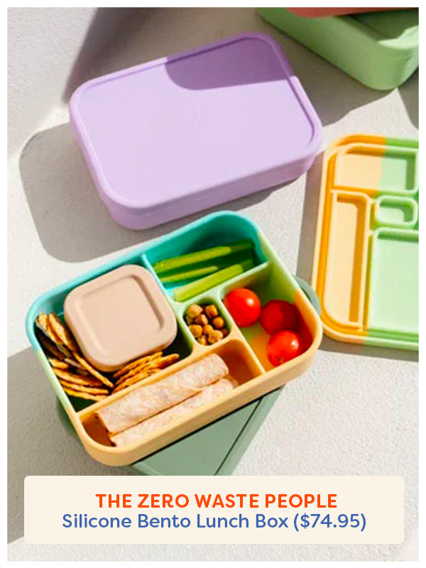 The Zero Waste People Silicone Bento Lunch Box displayed with food inside