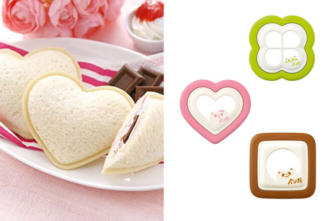 Baby Bento Sandwich sealers next to a demonstrated sealed sandwich heart
