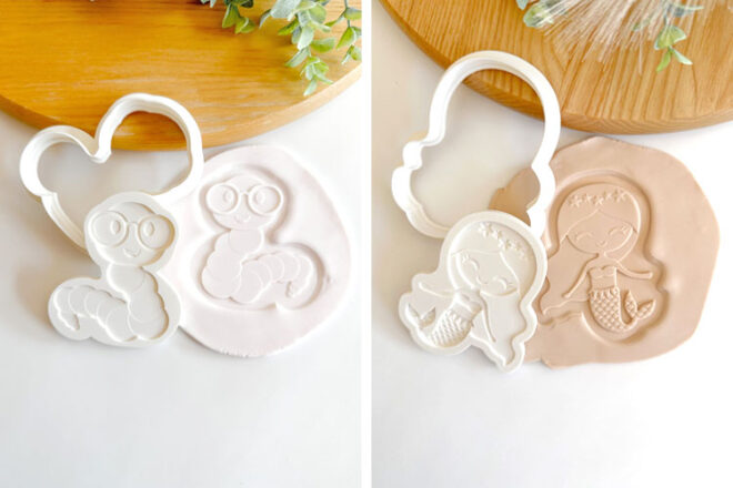 COOKI CO CUTS sandwich cutters and stamps demonstrating the worm and mermaid shape in dough