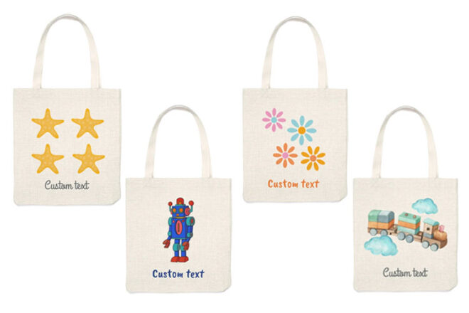 Two staggered rows of ENAJCO Library Bags in a four designs