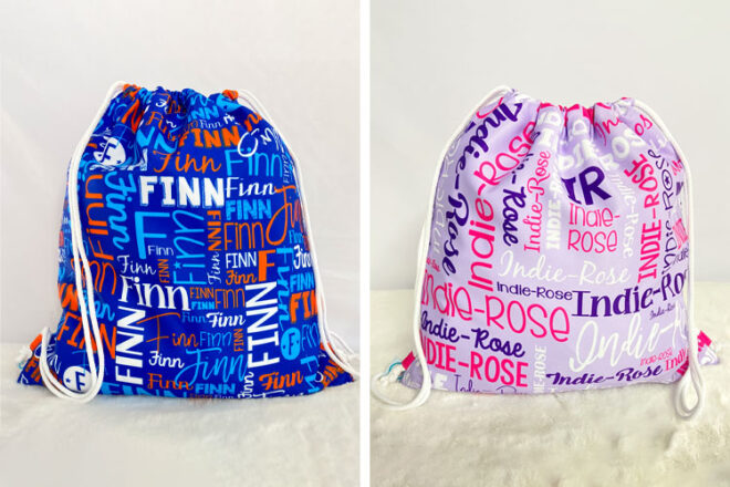Made Just 4 U drawstring library bags in blue and pink with the names Finn and Indie-Rose printed on each