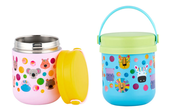 Maxwell & Williams food jars insulated in pink and blue