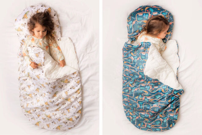 A little girl laying in the Monarch Store Daycare Nap Mats in two different designs