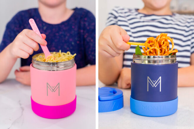 Young boy and girl eating noodles and spaghetti from insulated food jar