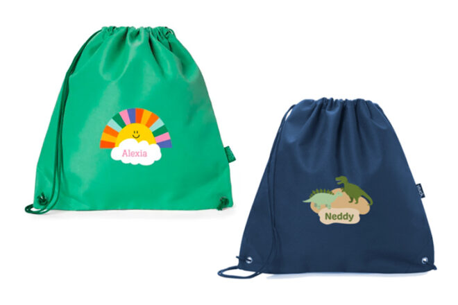 Two Personalised swim bags with drawstrings from Stuck On You