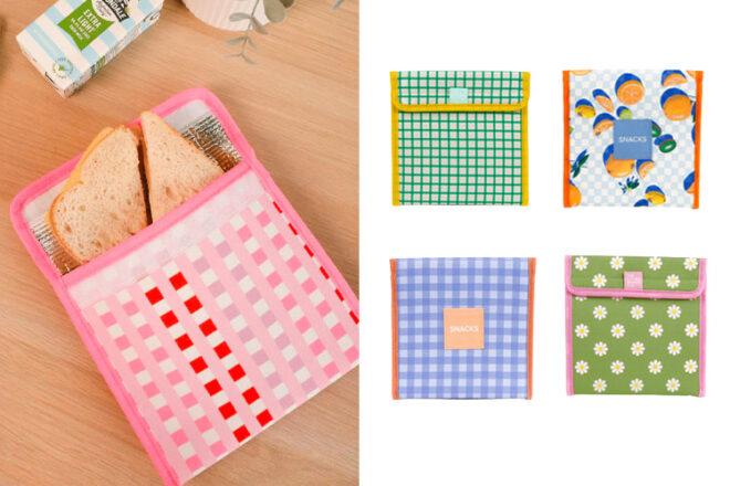 The Somewhere Co Snack Pouches in five designs with one holding a sandwich 