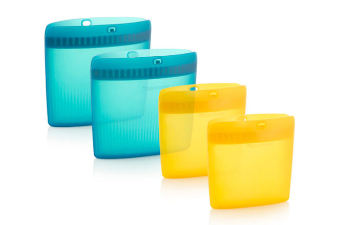 Tupperware snack stash containers in aqua and yellow