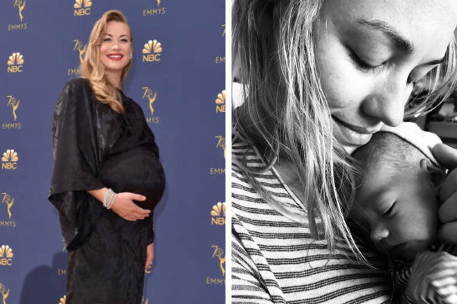 Yvonne Strahovski pregnant and holding her newborn baby