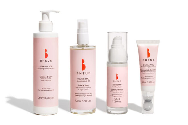 four bottles of Bheue skin and body care products showing collection and comparing sizes