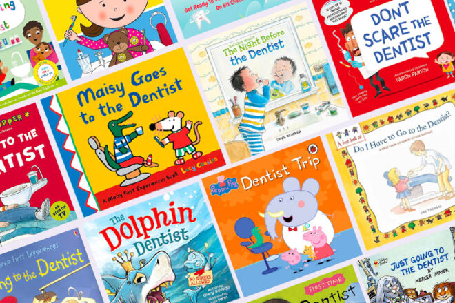 A selection of children's books about going to the dentist in flat lay diagonal rows
